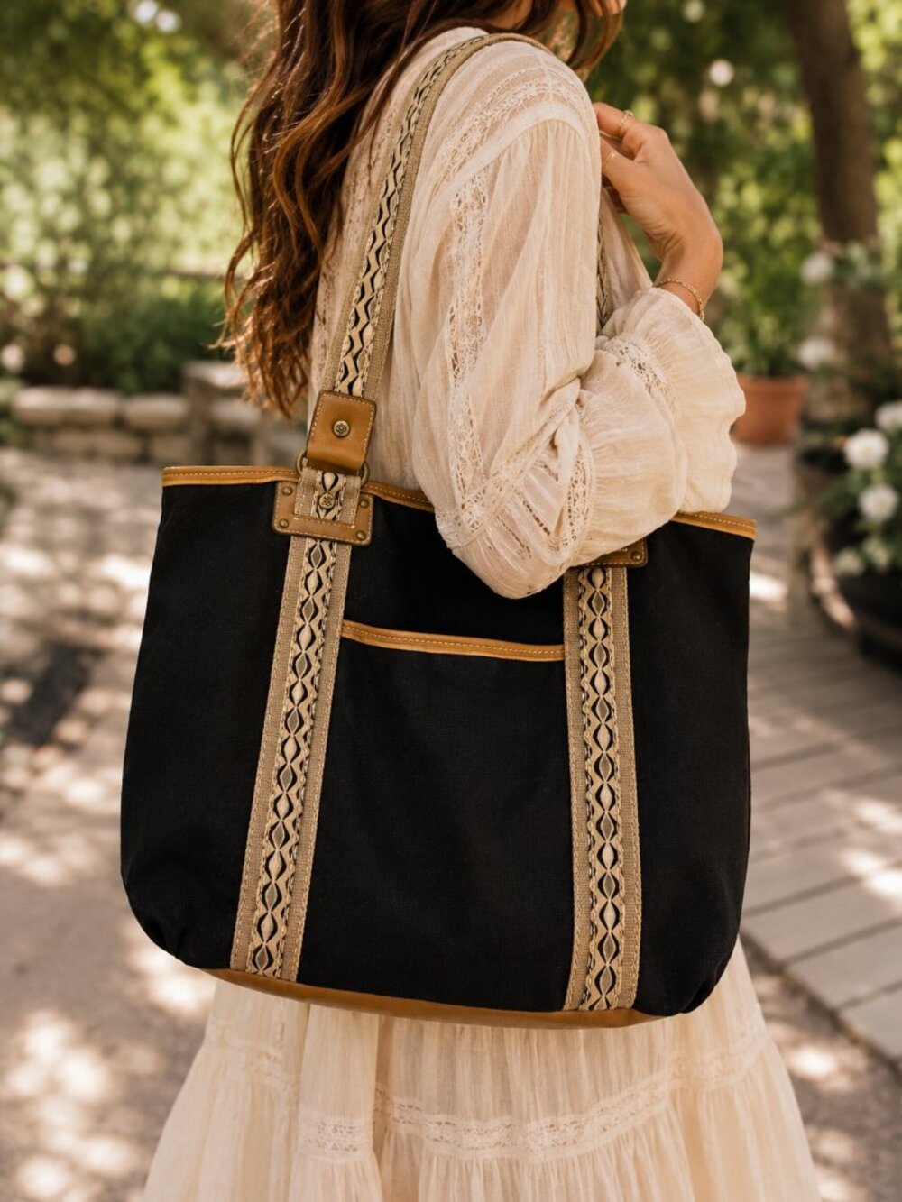 Relic Black & Tan Canvas Tote Shoulder Bag with Woven Trim EUC